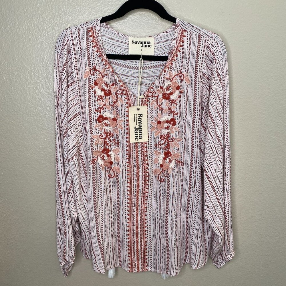 NWT Savanna Jane Womens Embroidered Boho Top L White Red Rayon Long Sleeve